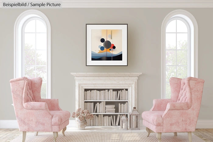 Elegant living room with pink chairs, modern abstract art, arched windows, and a classic fireplace with a book-filled mantel.