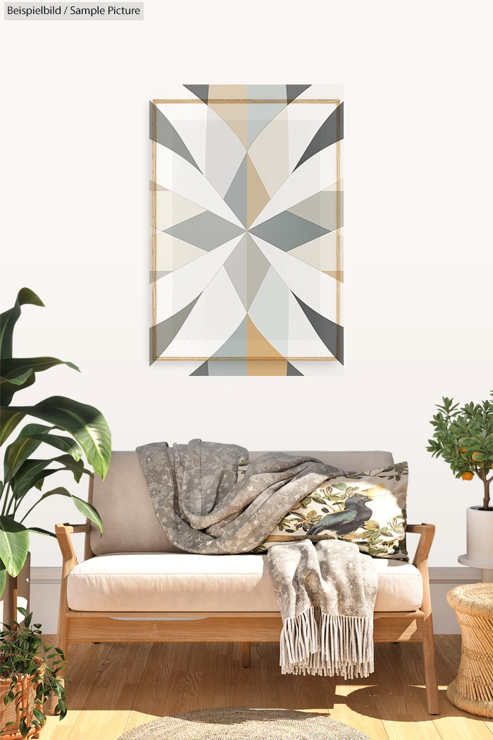 Minimalist living room with geometric art, white sofa with cushions and throw, houseplants, and wooden floor.