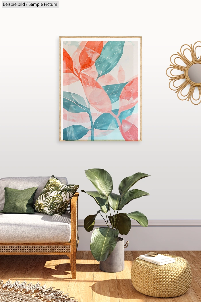 Modern living room with botanical print, wicker chair, green cushions, large potted plant, and circular wicker mirror.