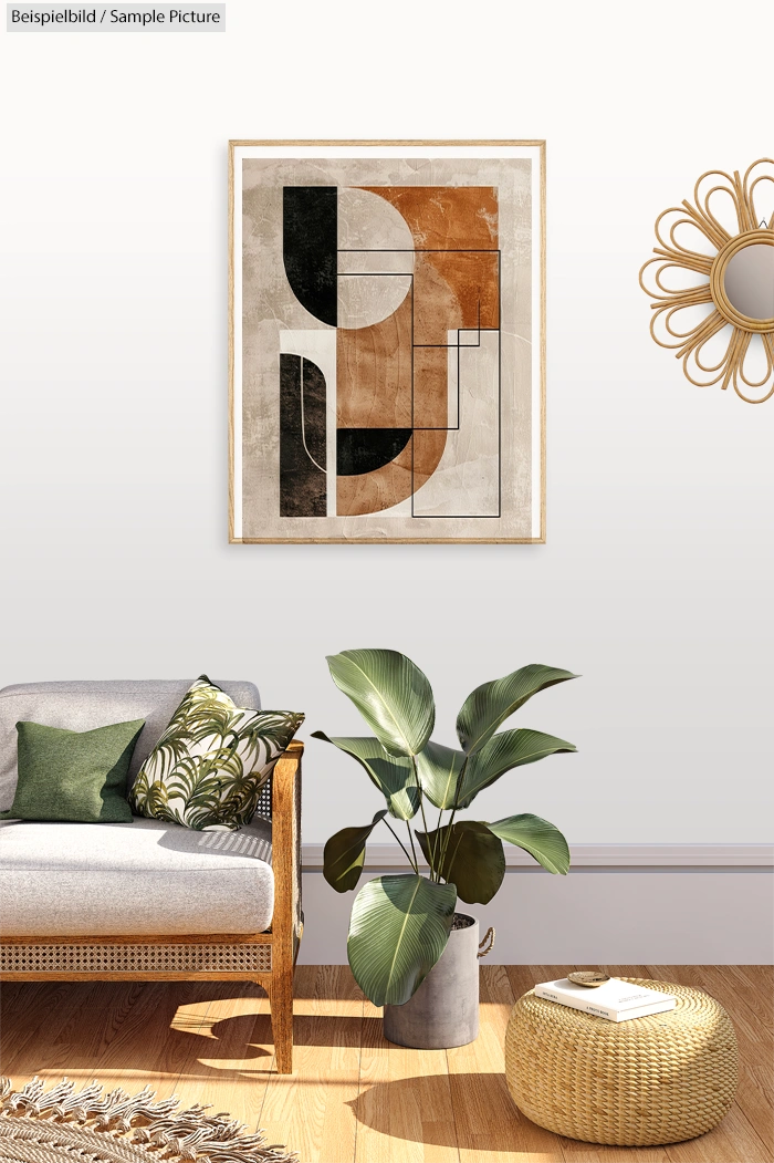 Modern living room with geometric abstract art, wicker sofa, green cushions, potted plants, and decorative mirror.