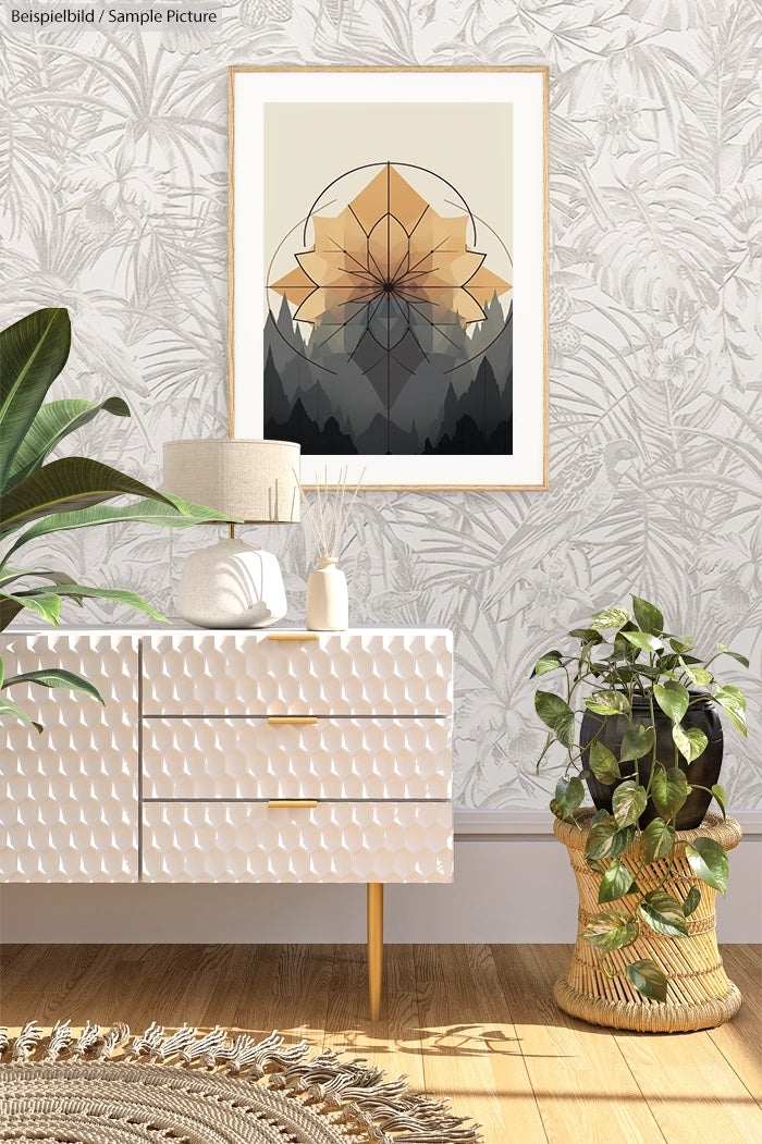 Interior with white textured dresser, potted plants, and abstract mountain artwork on patterned wallpaper.