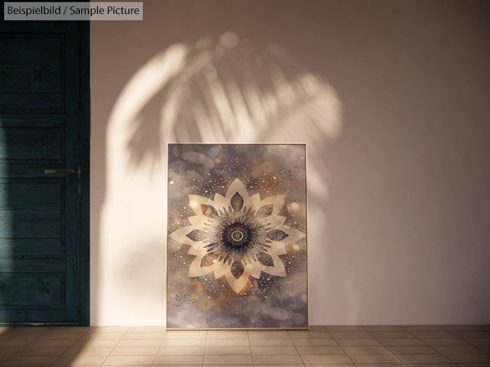 Artistic canvas with floral mandala design, leaning against a wall, casting a shadow in warm sunlight.