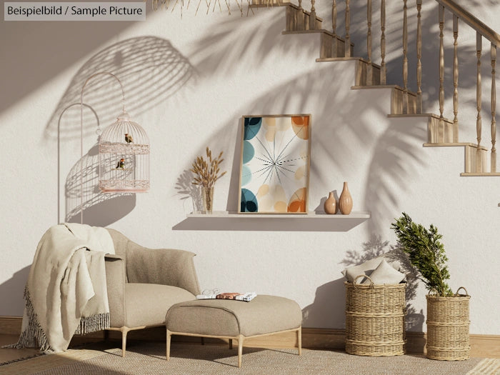 Cozy living room with beige armchair, ottoman, abstract art, wicker baskets, birdcage, and shadows on textured wall.