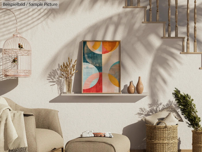 Cozy room with abstract art, basket, chair, and decorative shelf under a staircase.