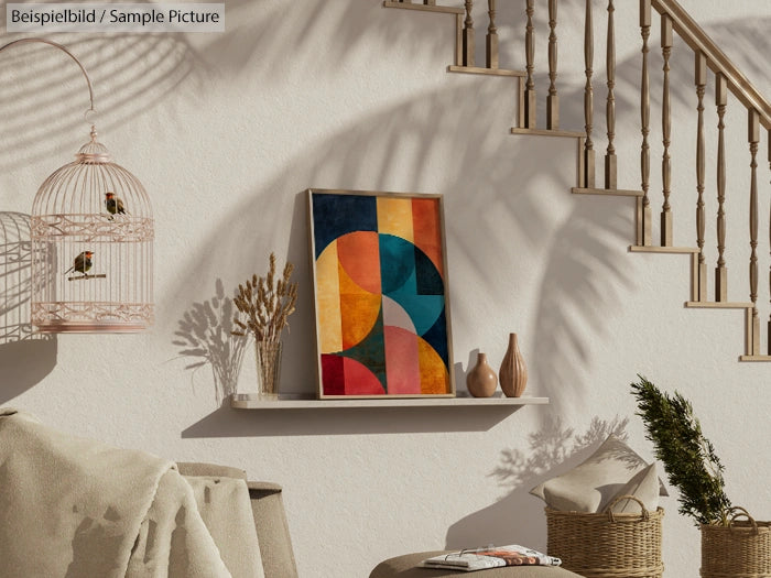 Interior with abstract geometric painting, decorative vases, and birdcage under a staircase with shadows.