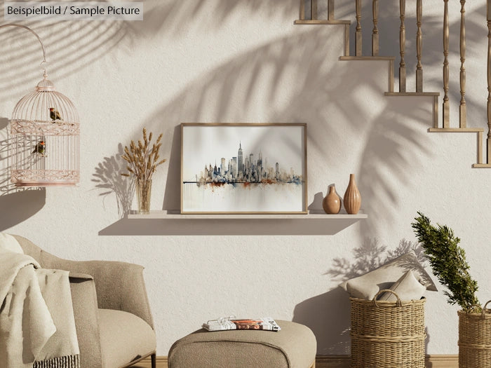 Cozy living room with a cityscape painting, beige armchair, wicker baskets, and soft lighting creating a relaxing ambiance.