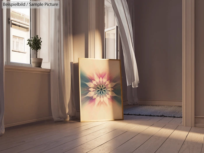 Artistic mandala painting on floor in sunlit room with open window and potted plant.