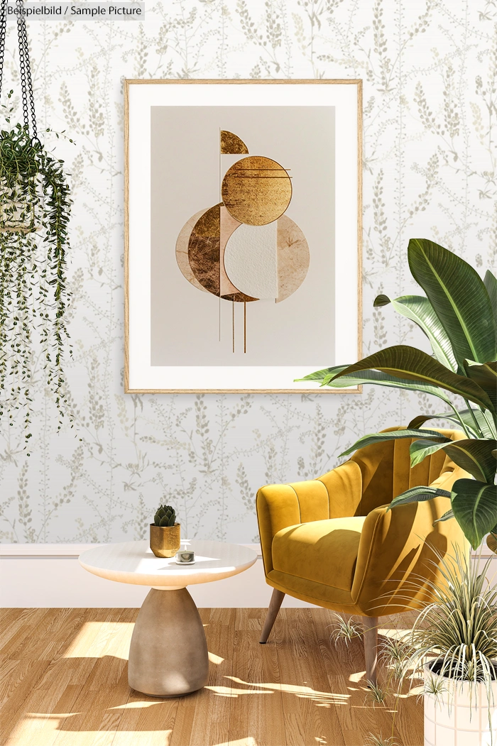 Modern living room with velvet chair, abstract art, potted plants, and round white coffee table on wooden floor.