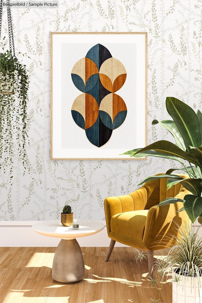 Modern living room with a geometric artwork on white wallpapered wall, mustard armchair, plants, and a round coffee table.