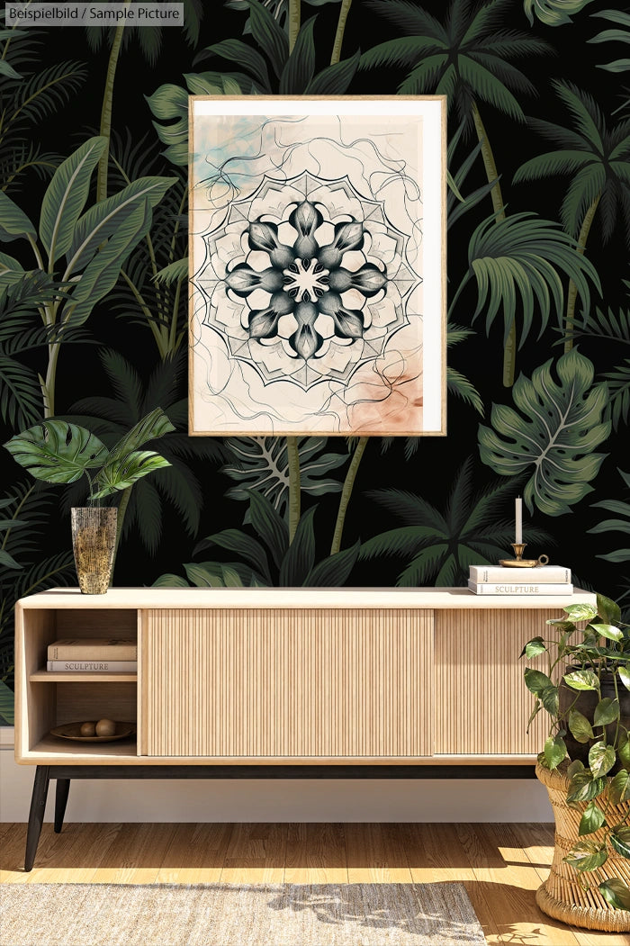 Room with tropical plant wallpaper, a wooden sideboard, framed geometric flower art, and a potted plant on the floor.