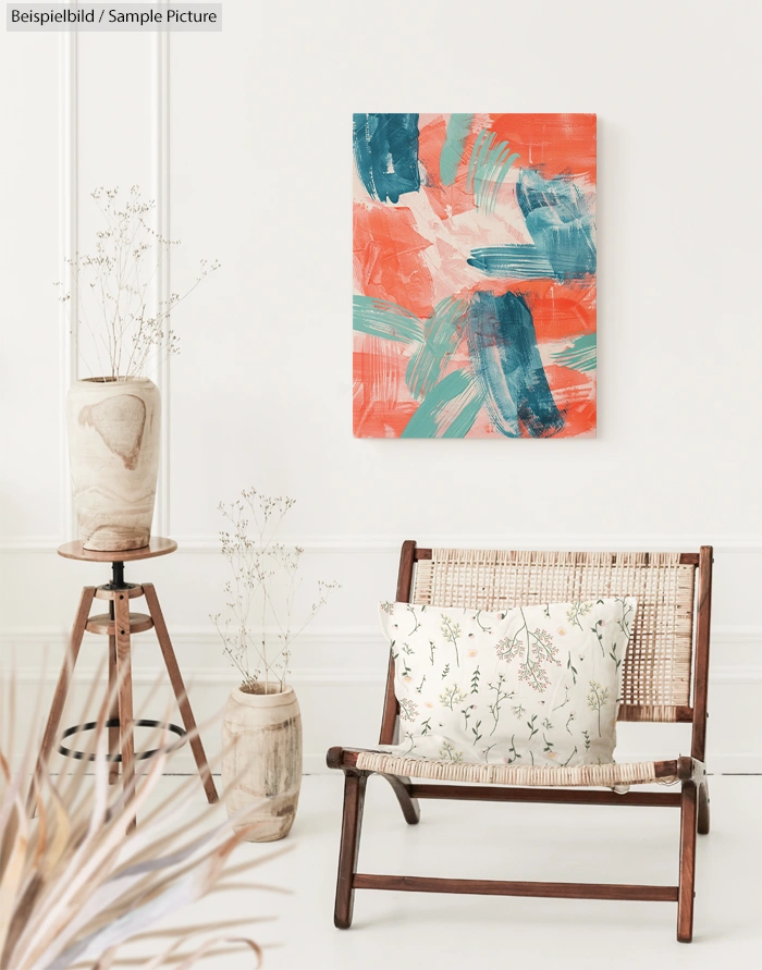 Modern interior with abstract canvas, wooden chair, floral cushion, and minimal decor in neutral tones.