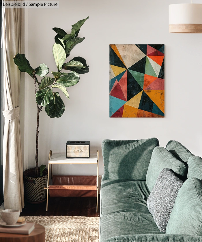 Cozy living room with teal sofa, geometric art, large plant, retro radio on small shelf, and natural light.