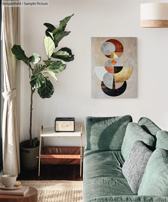 Modern living room with green sofa, abstract art, fiddle leaf fig plant, and vintage radio on a small table.