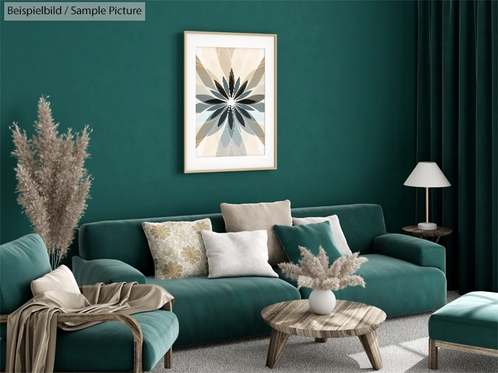 Modern living room with teal sofas, abstract art, plants, and a wooden coffee table.