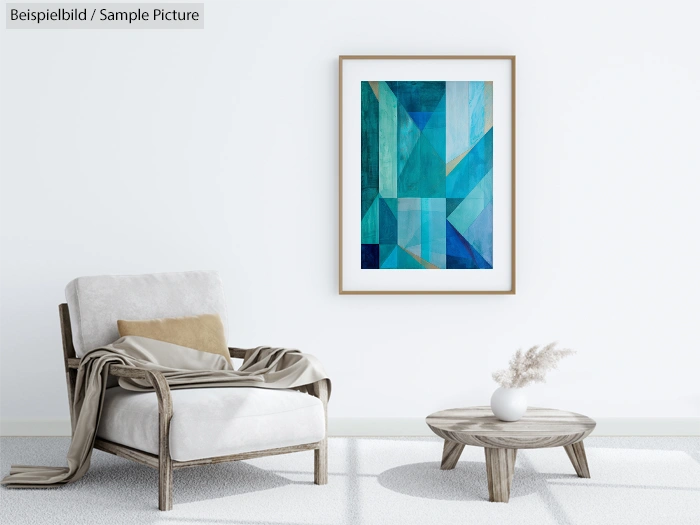 Modern living room with abstract blue geometric artwork and cozy chair.