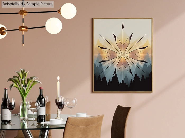 Modern dining room with abstract mountain art, wine bottles, glasses, candles, and a stylish chandelier.