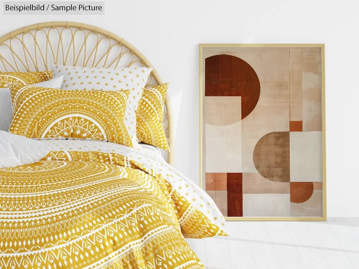 Bedroom with yellow patterned bedding and abstract geometric art leaning on the wall.