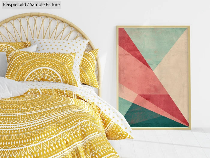 Scandinavian bedroom with yellow patterned bedding and geometric artwork leaning against a white wall.