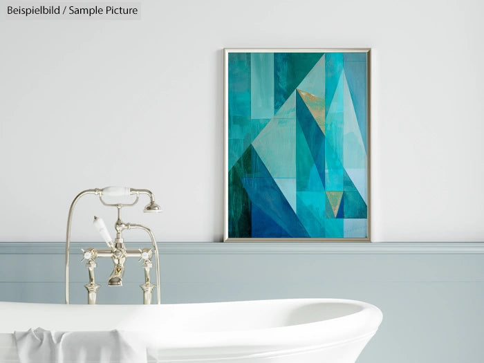 Modern bathroom with white tub and geometric blue abstract painting on the wall.