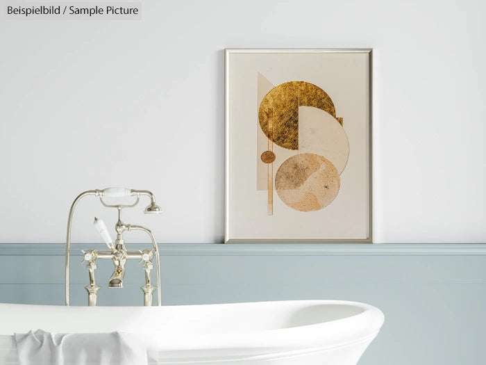 Minimalist bathroom with white tub and abstract geometric art on light grey wall.