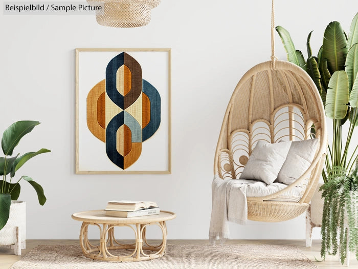 Scandinavian living room with rattan chair, geometric wall art, plants, and a round wicker coffee table.