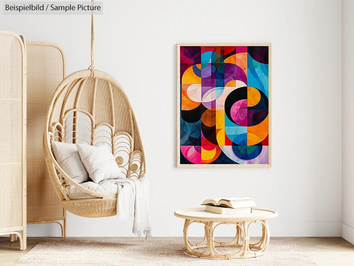 Modern living room with rattan swing chair, wooden coffee table, and colorful abstract painting on the wall.