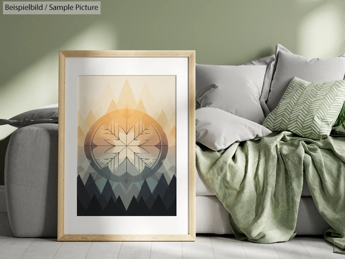 Framed abstract mountain art print resting on a sofa with pillows and green throw blanket.