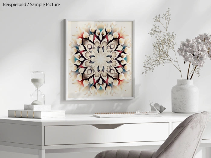 Decorative mandala painting on a wall above a modern white desk with vases and an hourglass.