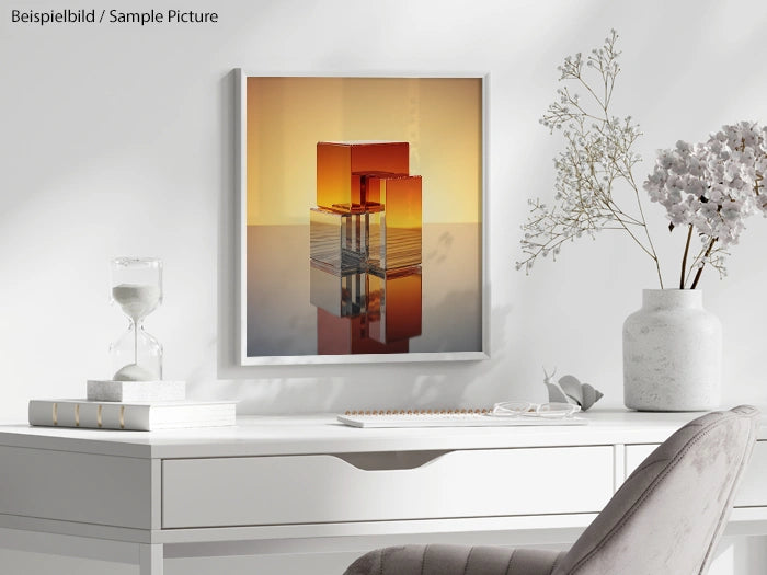 Modern desk with framed abstract artwork, books, hourglass, and vase of flowers.