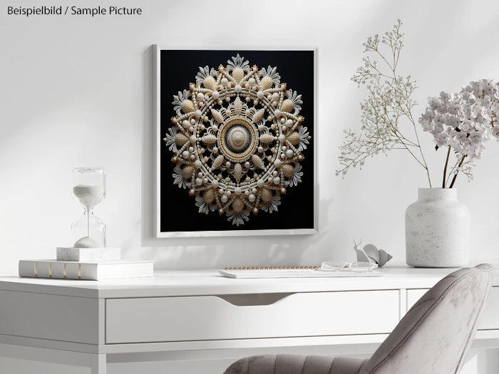 Elegant home office setup with ornate wall art, a white desk, decorative vase, and hourglass on display.