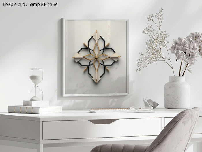 Minimalist white desk with decor, art piece on wall, hourglass, and dried flowers in vases.