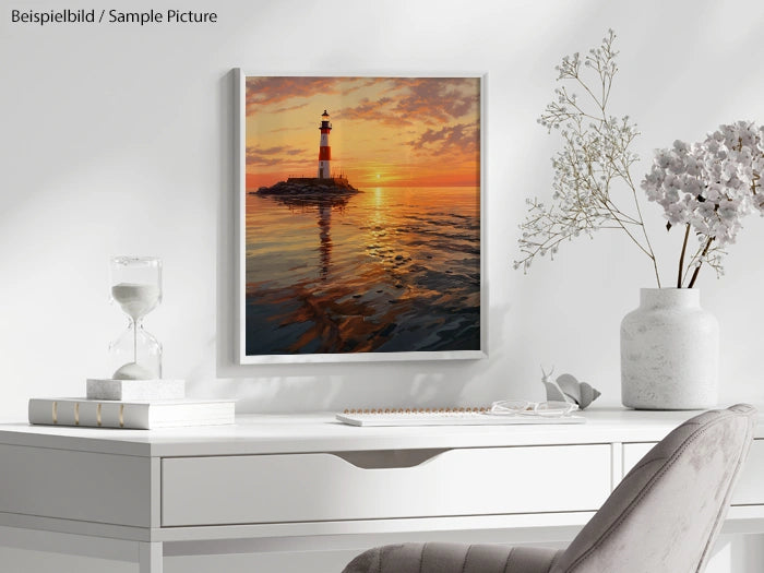 White desk with decor, featuring a framed lighthouse painting against an orange sunset on the wall.