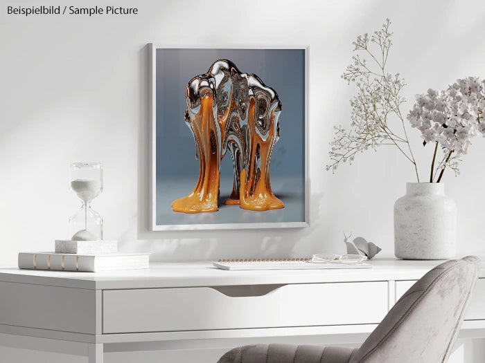 Modern room with white decor, vase, and framed abstract art featuring silver and orange liquid shapes.