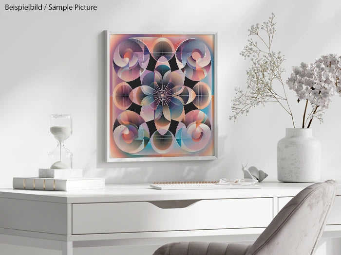 Abstract geometric artwork on wall above white desk with vase, candle, and decorative sand timer.