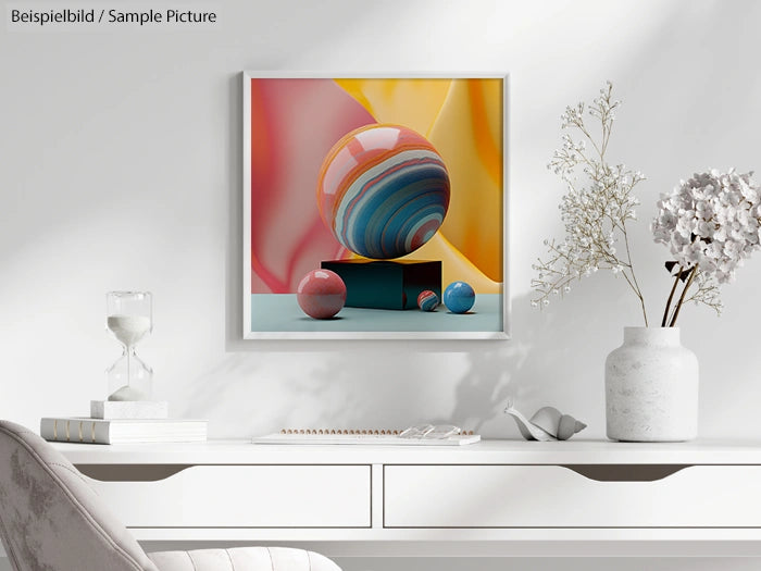 Minimalist room with framed abstract art of colorful spheres, white desk, vases, and decorative objects.