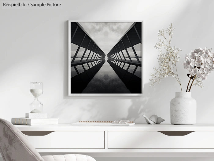 Modern minimalist room with monochrome geometric art, vase with flowers, and an hourglass on a white desk.