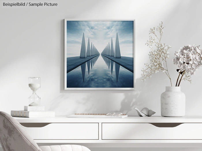 Modern decor with a framed geometric art piece above a white desk, featuring vases and books, in a minimalist room.