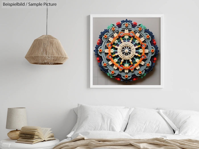 Modern bedroom with beige lamp and colorful circular artwork above a white bed.