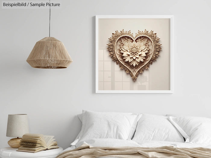 Bedroom interior with a heart-shaped floral art piece on the wall, wicker lampshade, and a bed with white linens.