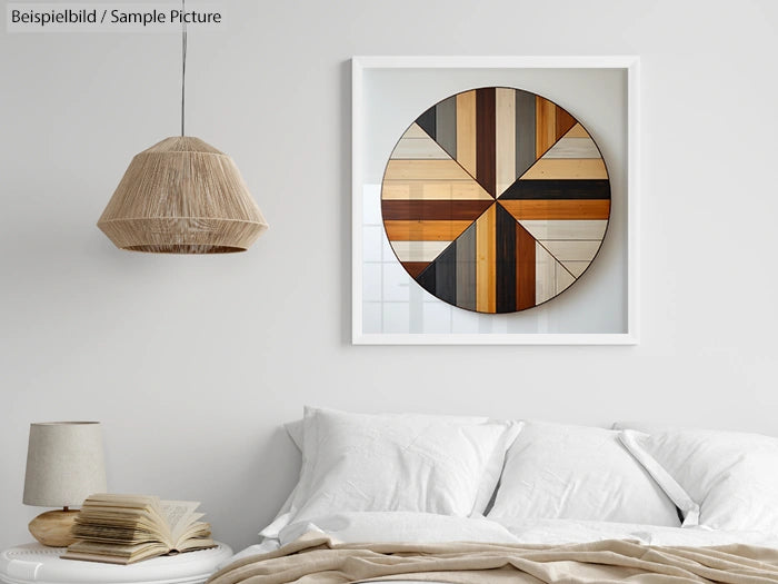 Bedroom with round wooden wall art, wicker lamp, and neutral bedding.