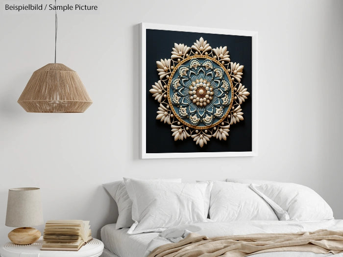 White bedroom with a beige lamp and a framed intricate mandala art piece on the wall above the bed.