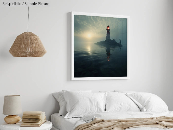 A serene bedroom with a lighthouse photo above the bed and a wicker lamp hanging on the left wall.