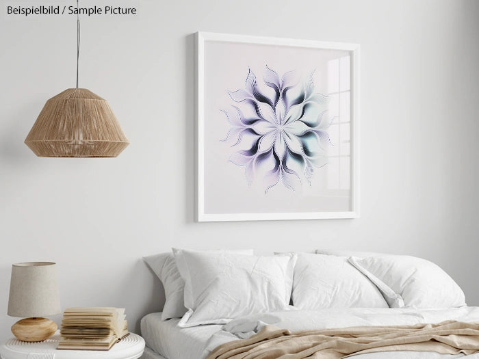 Bedroom with white bed linens, woven pendant lamp, and abstract floral artwork in black frame on a white wall.