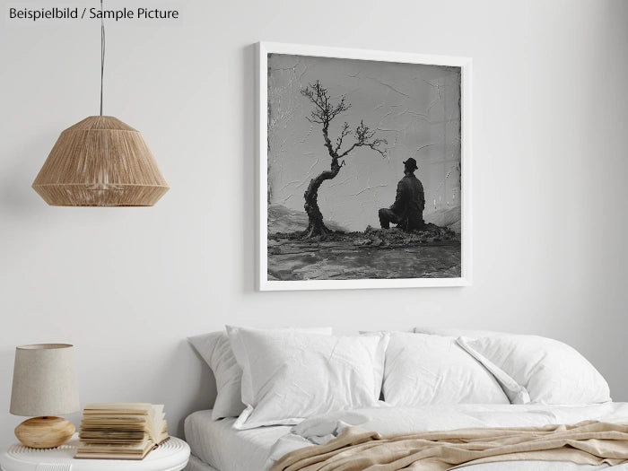 Minimalist bedroom with framed black and white artwork on wall, featuring a person beside a tree.