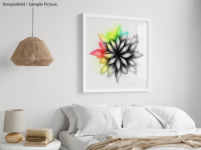 Minimalist bedroom with modern artwork, featuring a black and white flower pattern with colorful accents, above a white bed.