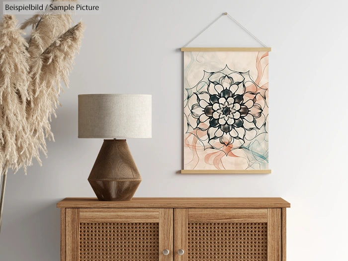 Decorative mandala art hanging above a wooden sideboard with a lamp and pampas grass arrangement.