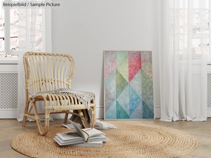 Cozy room with a rattan chair, open book, and colorful geometric artwork on a round rug.