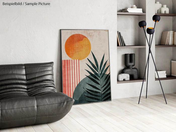 Modern living room with abstract art, black leather sofa, and stylish floor lamp.