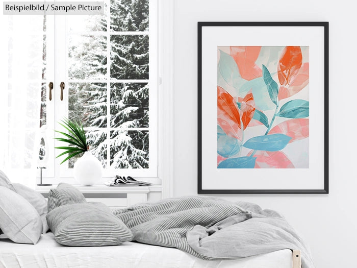 Modern bedroom with striped pillows, snow-covered windows, and abstract leaf art in coral and teal on the wall.