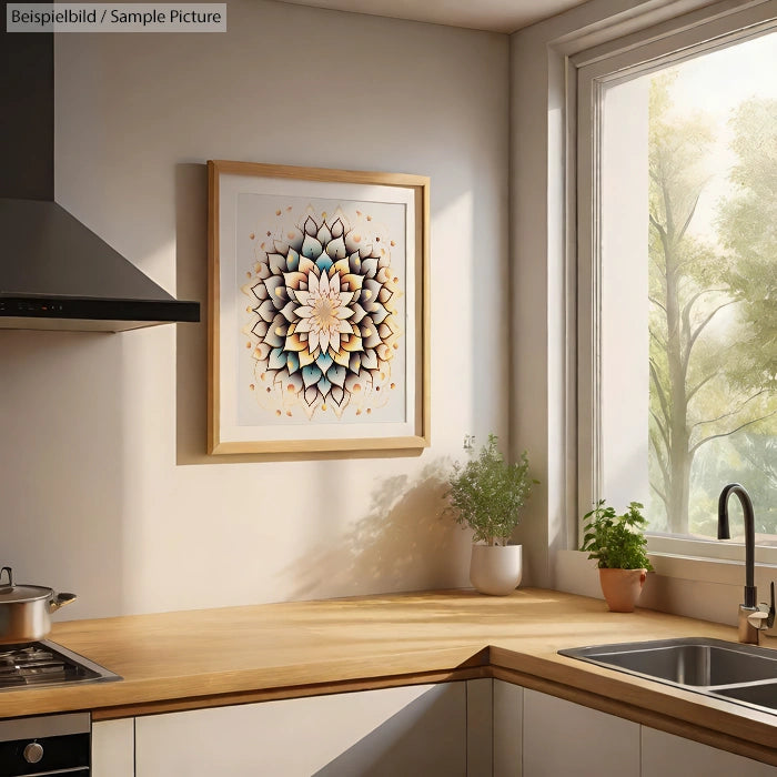 Sunny kitchen with a framed mandala art on wall, potted plant on counter, and a view of trees through the window.